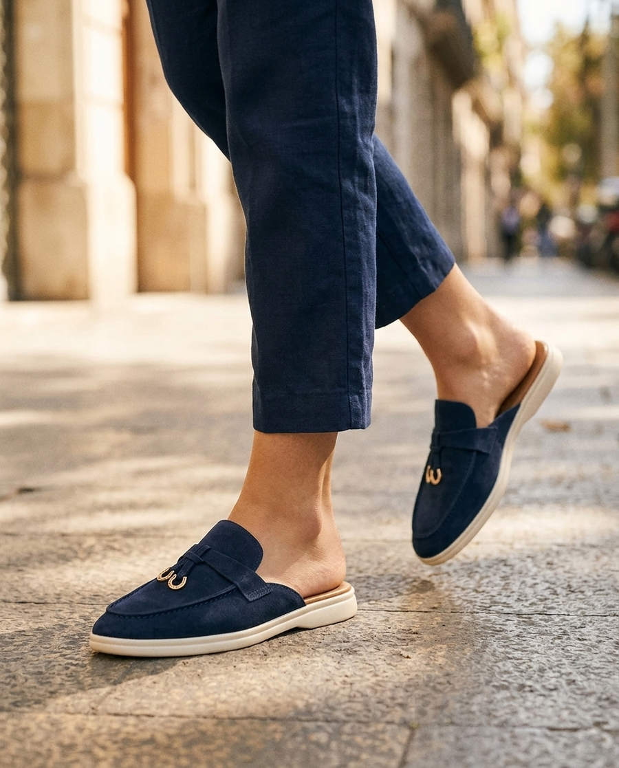 Navy · mid-stride on pavement