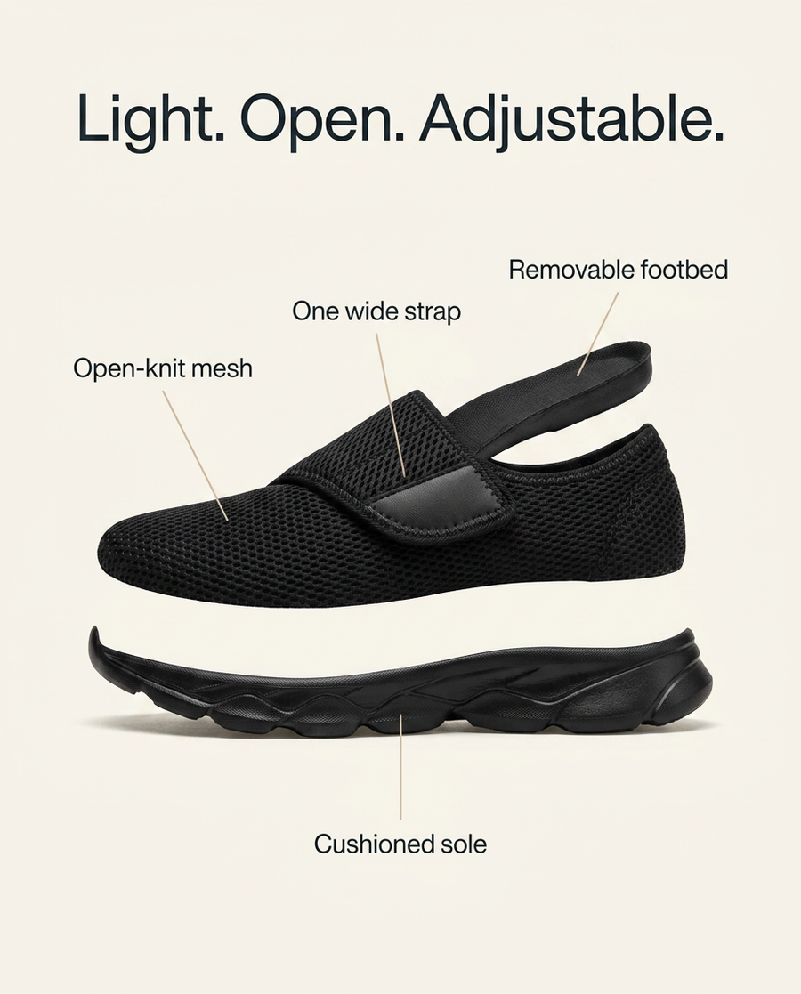 Light. Open. Adjustable. β open mesh, one wide strap, removable footbed, cushioned sole