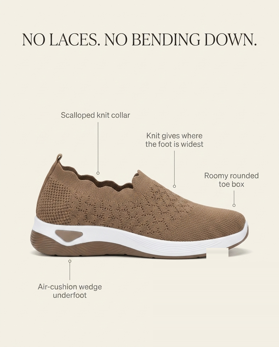 No laces, no bending down — scalloped knit collar, roomy rounded toe box