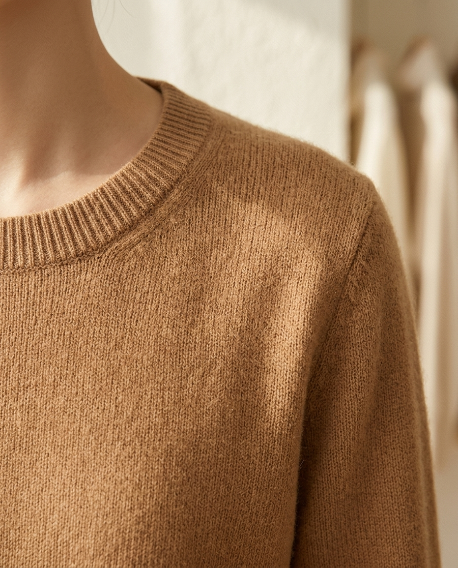 Ribbed neckline and merino knit · detail