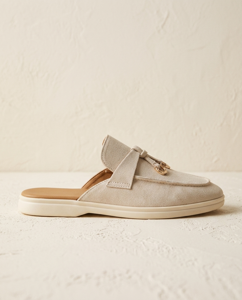 The Easy Errand Mules — side profile, open heel and cream sole