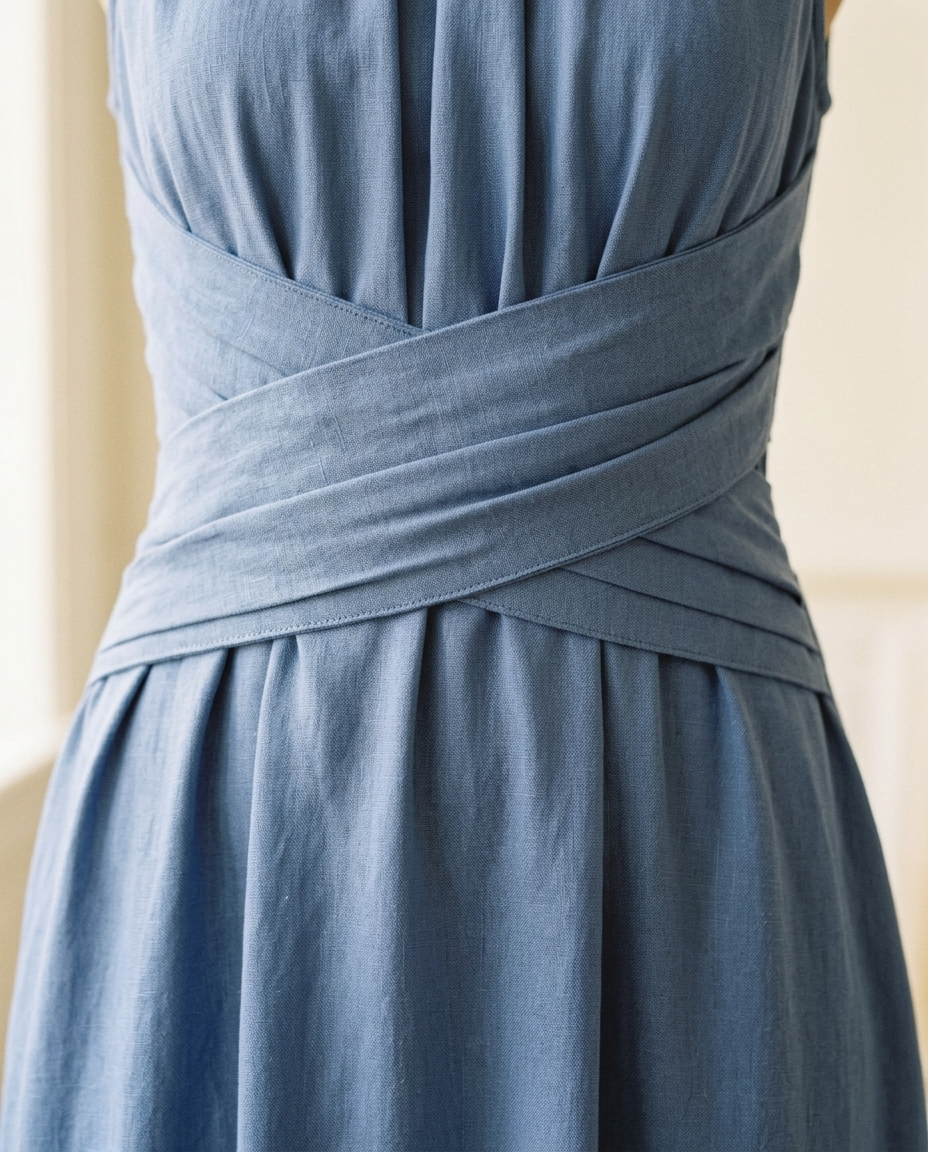The Long Afternoon Dress — criss-cross waist band detail