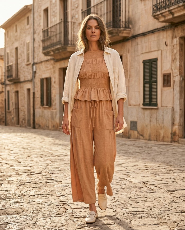Cooler evening — a linen shirt worn open over it