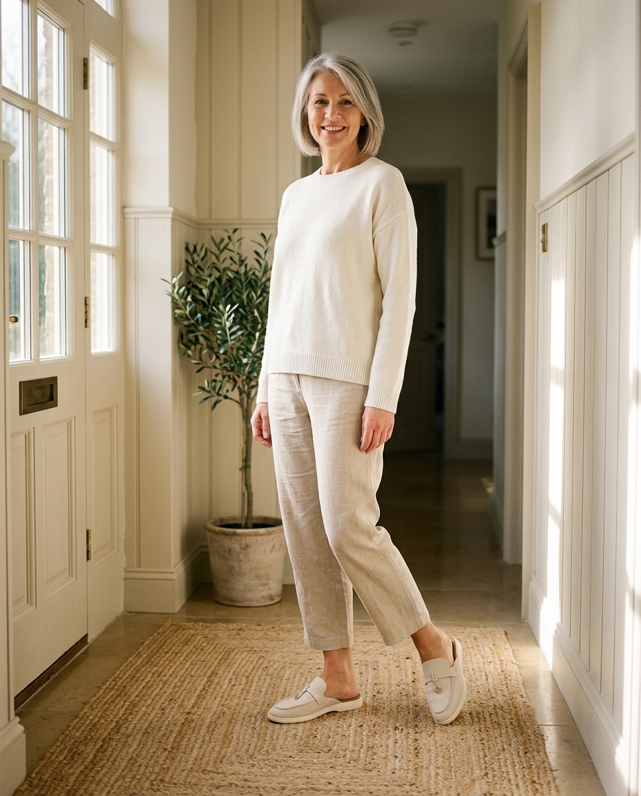 The Easy Errand Mules in Bone — worn in the hallway, morning light