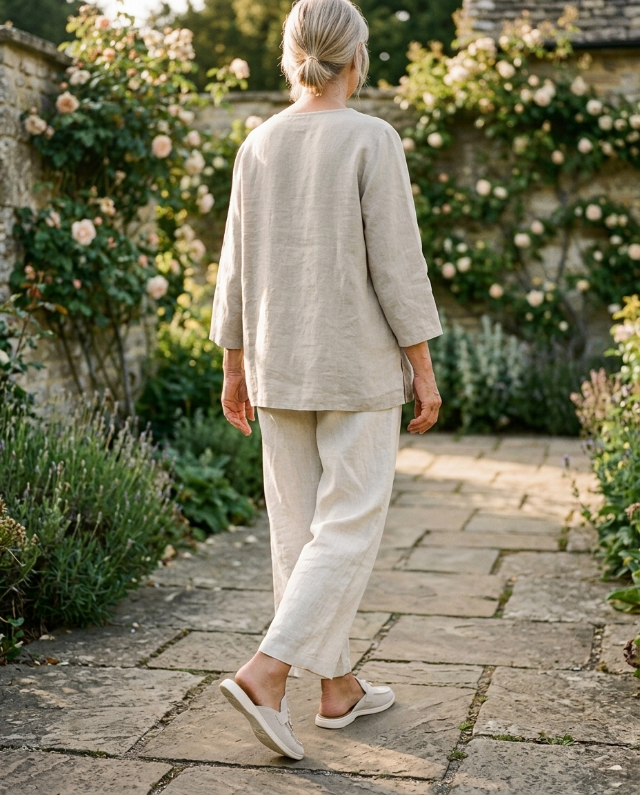 The open heel, seen from behind on the garden path