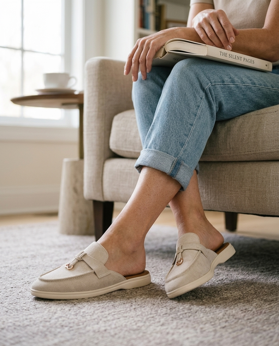 At home with a book — brushed suede, tan insole · unretouched