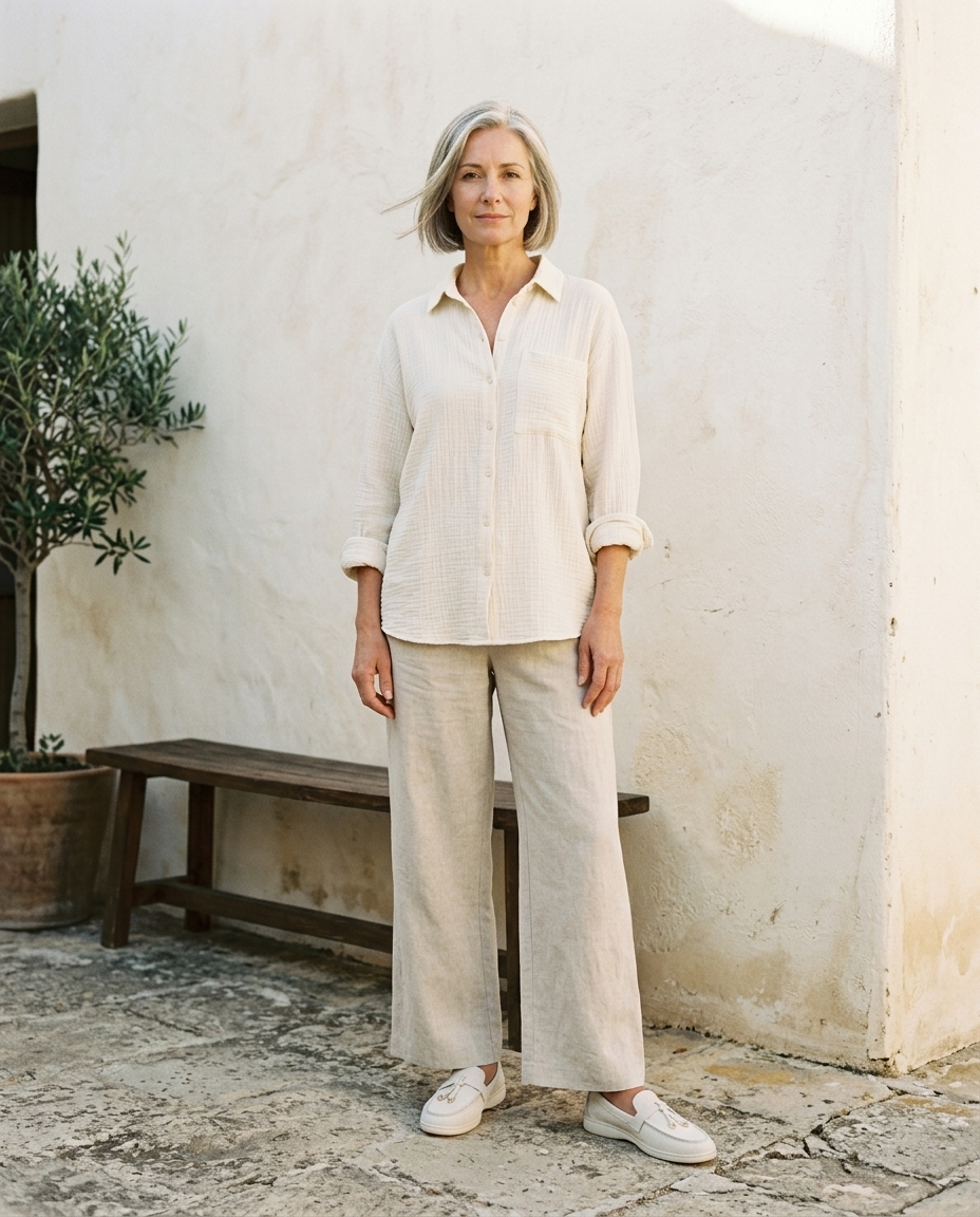 The Slow Sunday Loafers in Bone — worn against the plaster wall, morning light
