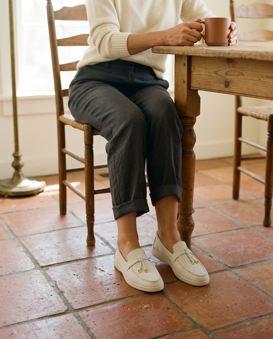 At the kitchen table — feet flat, cushioned through the heel