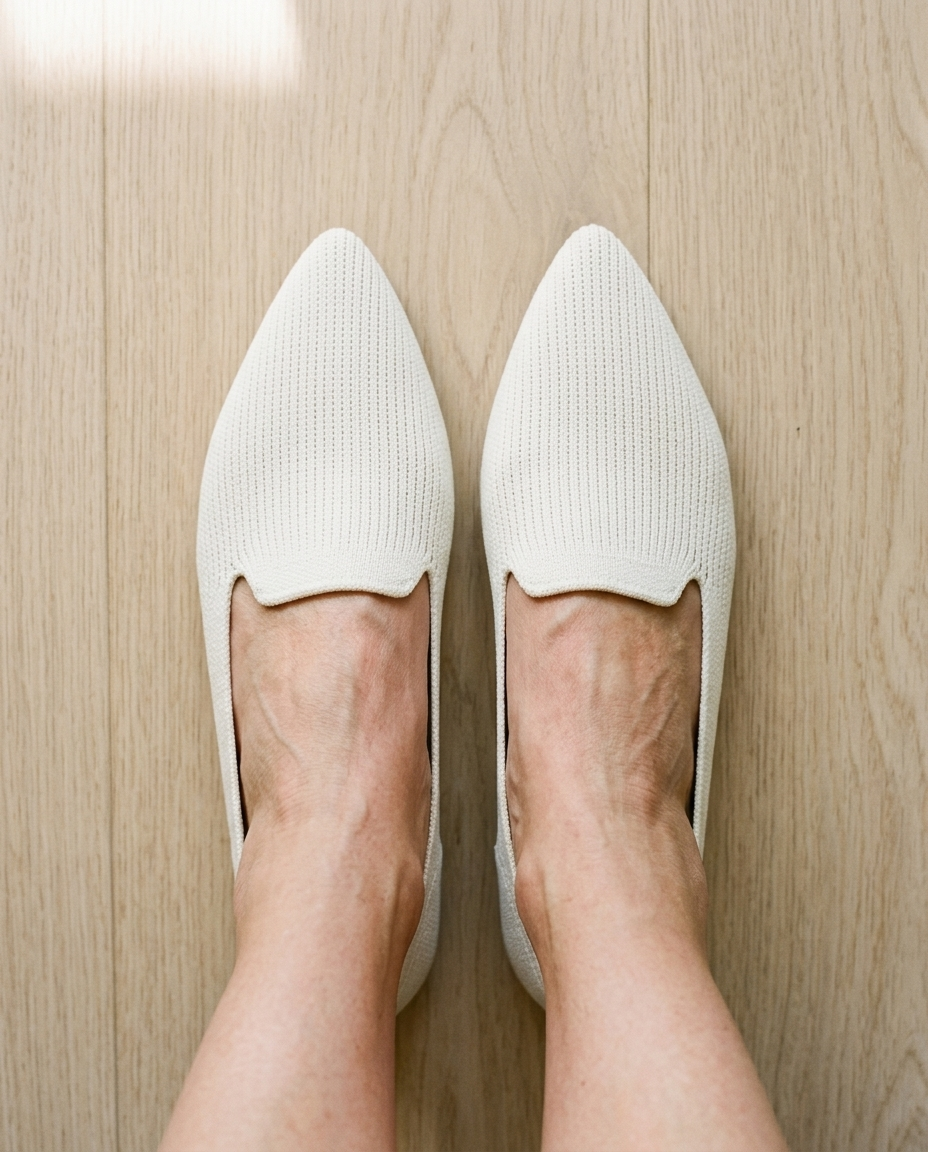 From above — the knit relaxed over the widest part of the foot
