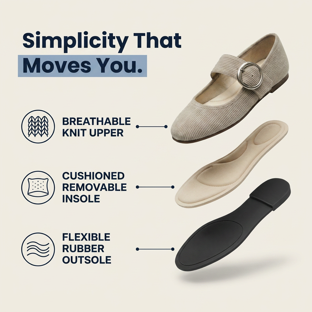 Breathable knit upper, cushioned removable insole, flexible rubber outsole