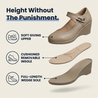 Soft giving upper, cushioned removable insole, full-length wedge sole