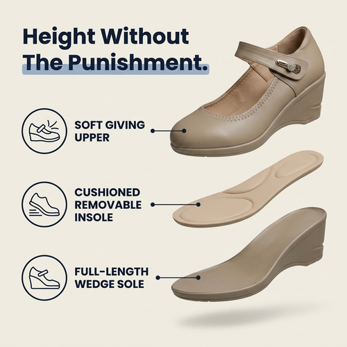 Soft giving upper, cushioned removable insole, full-length wedge sole