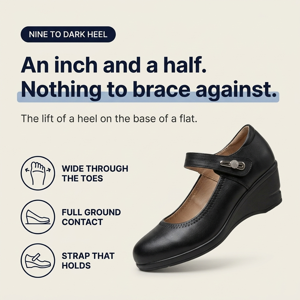 An inch and a half, nothing to brace against — the lift of a heel on the base of a flat