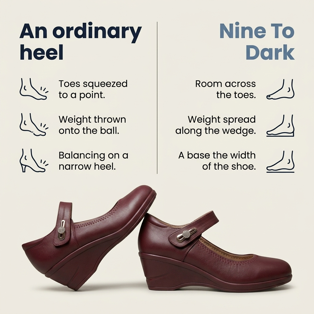 An ordinary heel versus Nine To Dark — balancing on a narrow heel against a base the width of the shoe