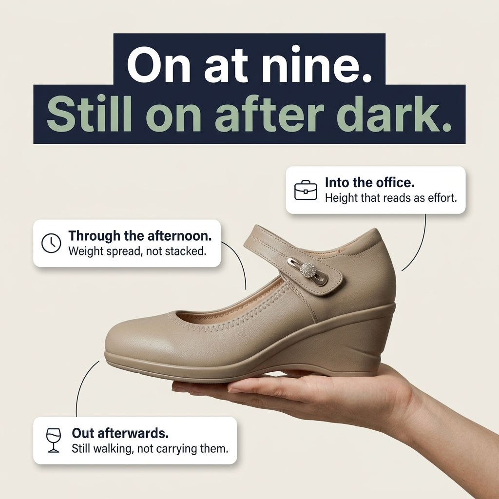 On at nine, still on after dark — into the office, through the afternoon, out afterwards