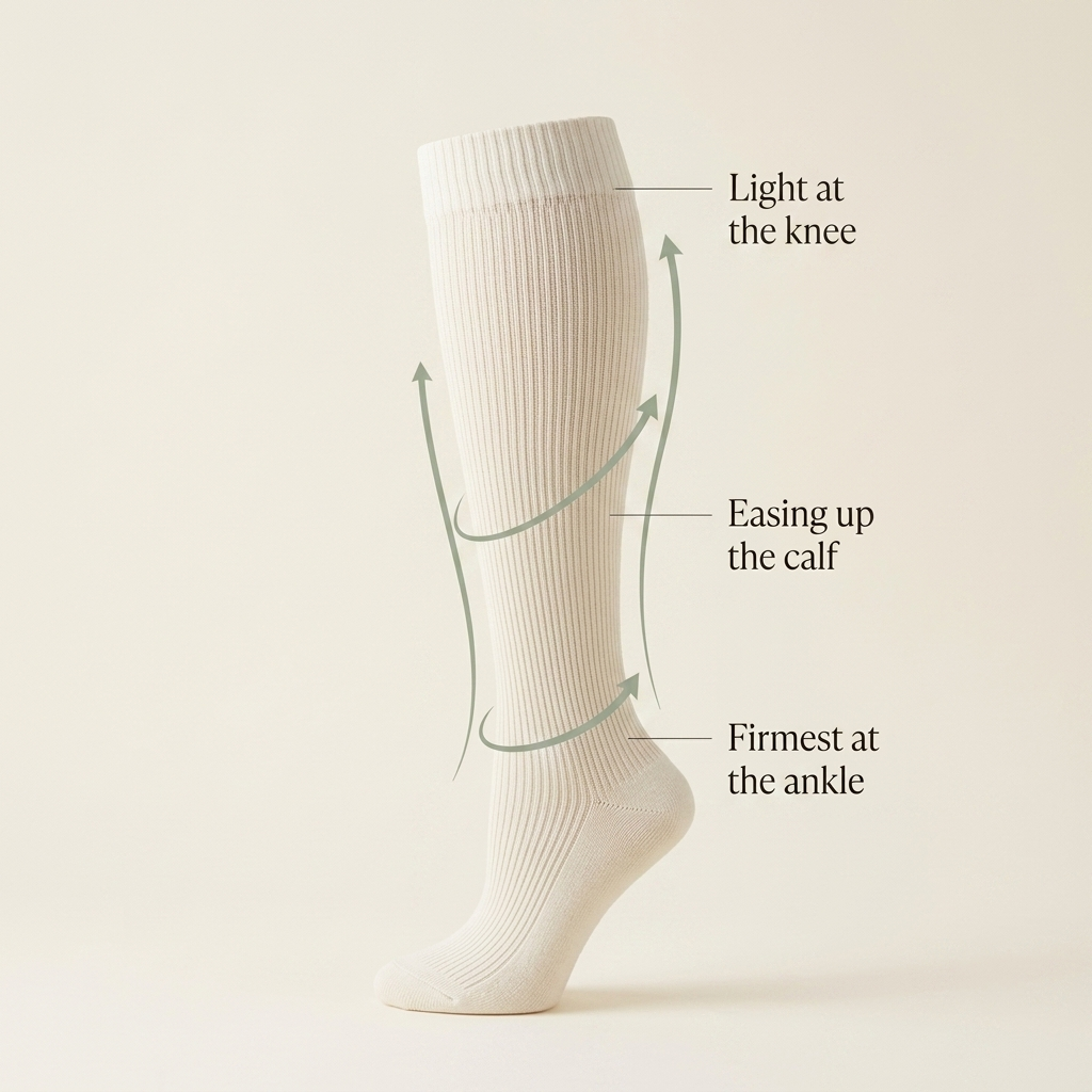 Graduated compression — firmest at the ankle, easing up the calf