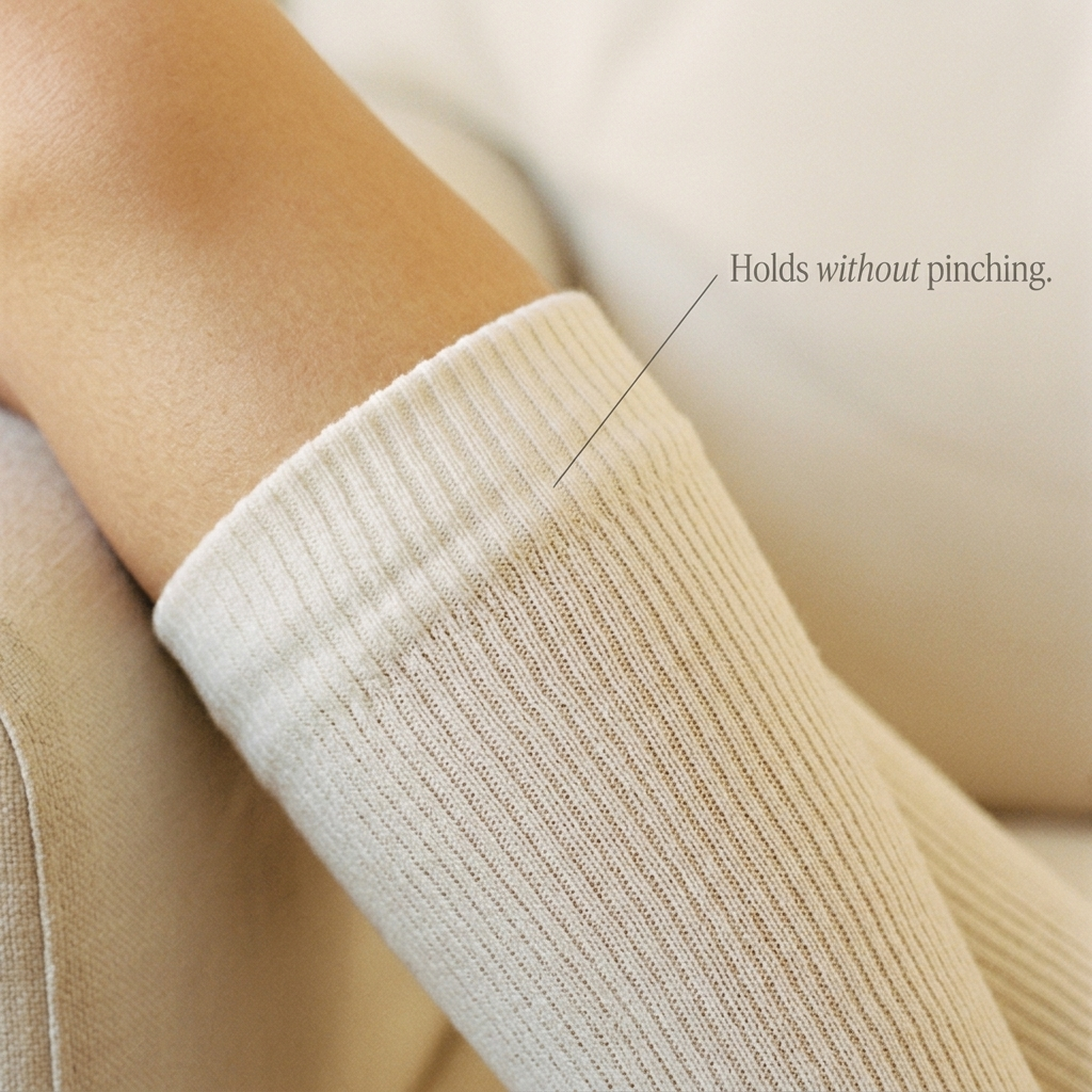 The wide top band — holds without pinching