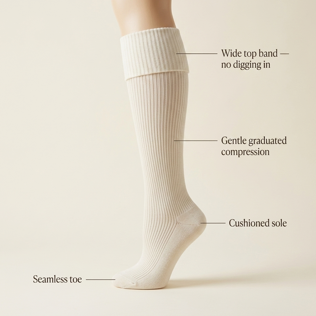 Wide top band, gentle graduated compression, cushioned sole, seamless toe