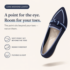 A point for the eye, room for your toes — soft point, roomy forefoot, flexible and light
