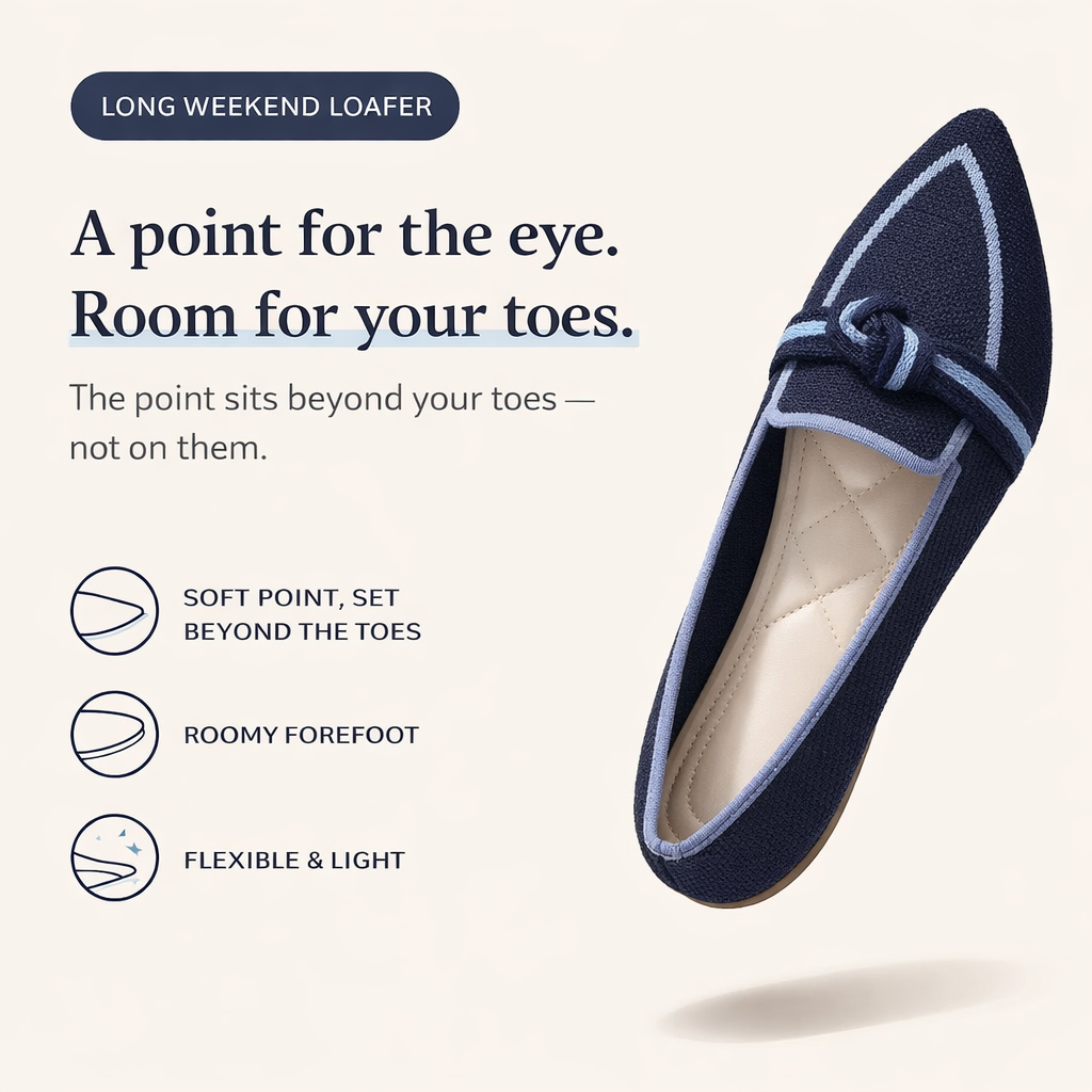 A point for the eye, room for your toes — soft point, roomy forefoot, flexible and light