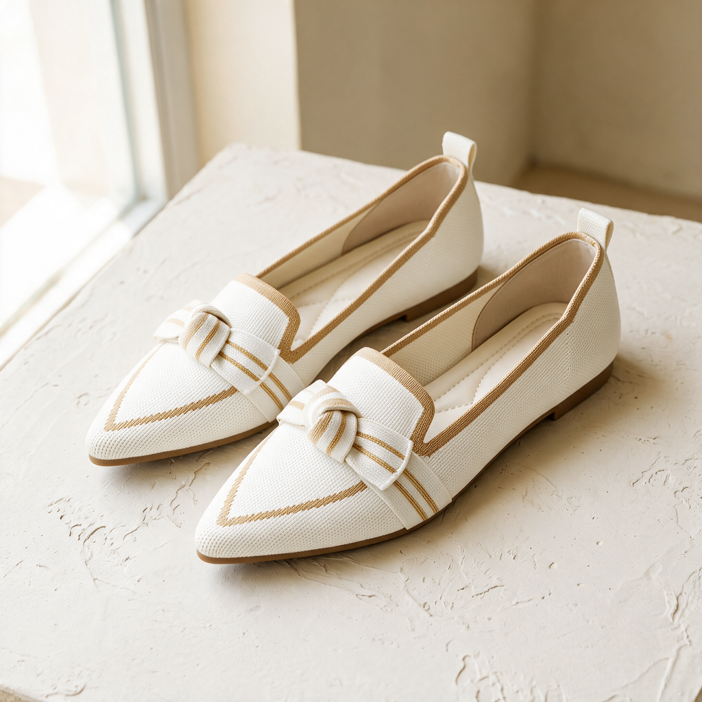 The Long Weekend Loafers in Ivory — white knit, gold-tan line and striped bow