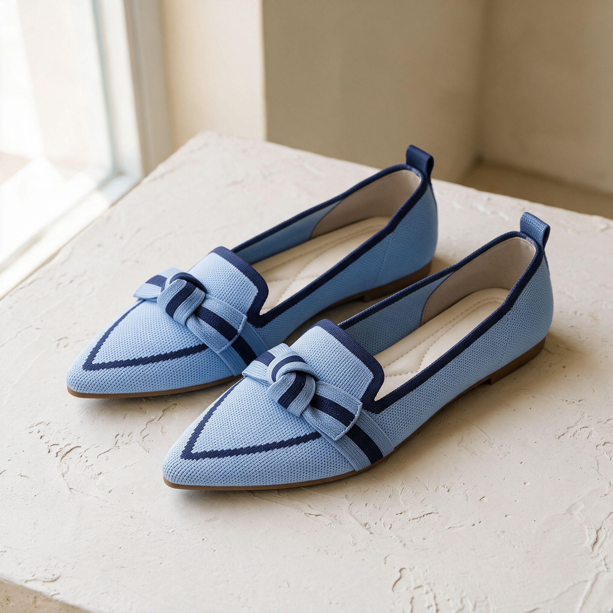 The Long Weekend Loafers in Cornflower — light blue knit, navy line and striped bow