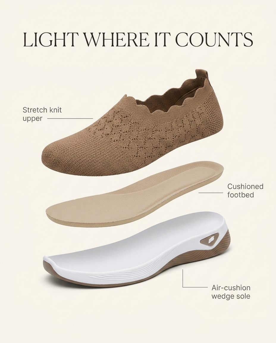 Stretch knit upper, cushioned footbed, air-cushion wedge sole