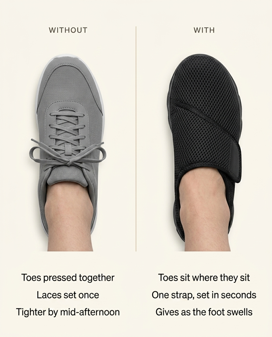 Without and with — toes pressed together vs toes sit where they sit