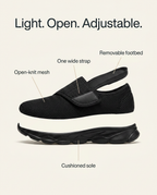 Light. Open. Adjustable. — open mesh, one wide strap, removable footbed, cushioned sole