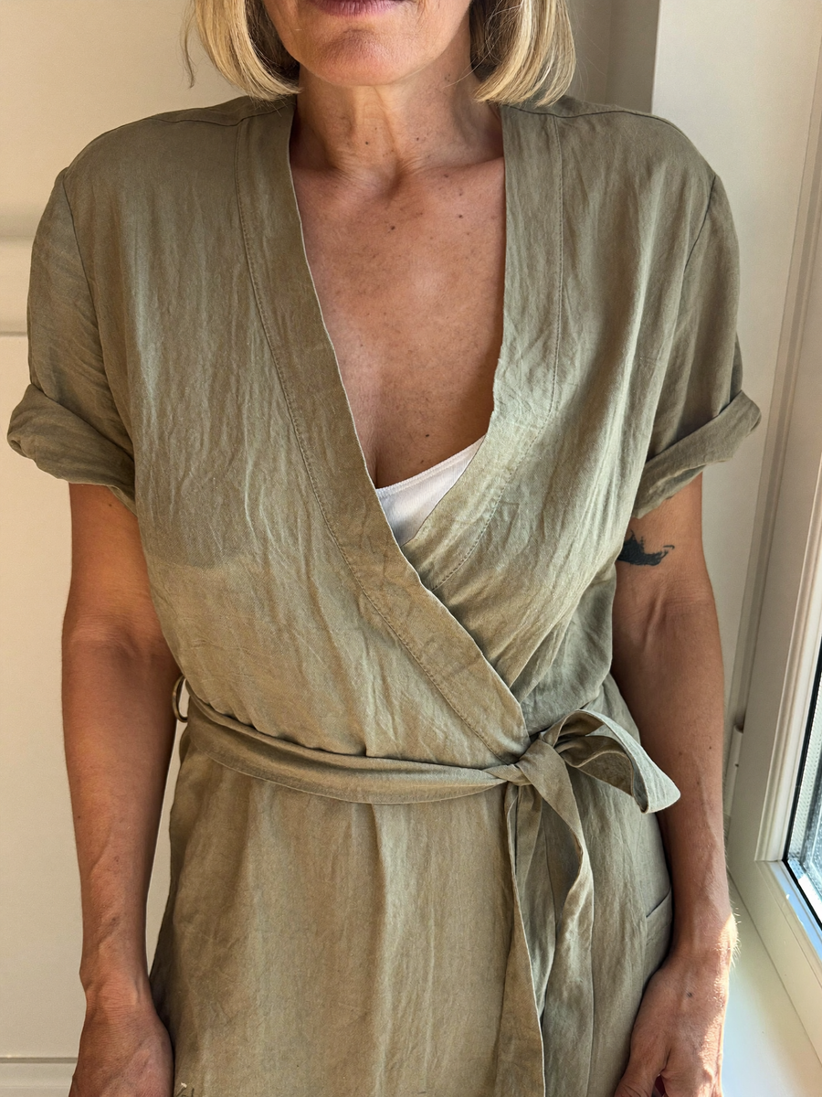 The Verona Wrap Dress in Sage, natural daylight