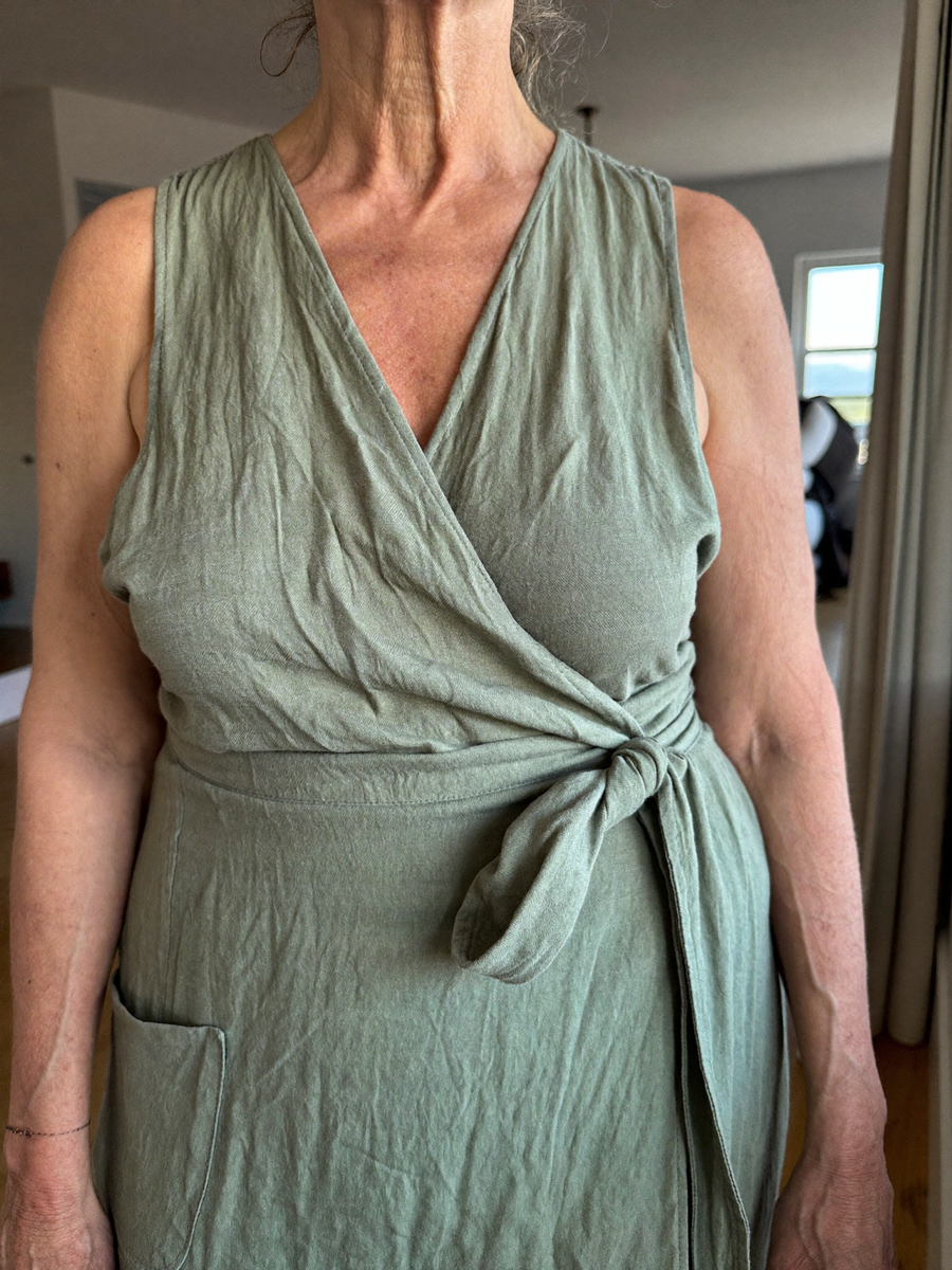 The Verona Wrap Dress in Sage, candid