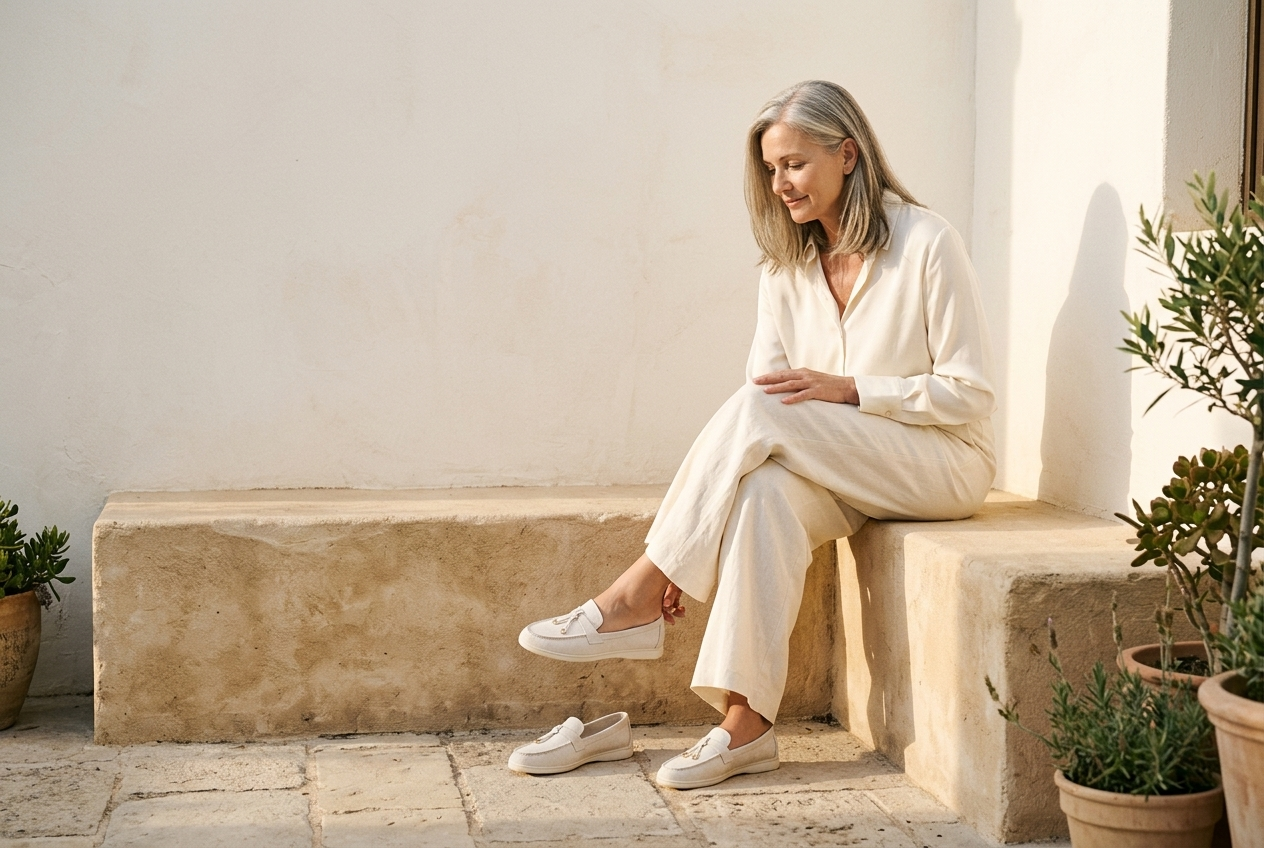 Woman in her fifties slipping on a bone Mirasella loafer on a stone bench