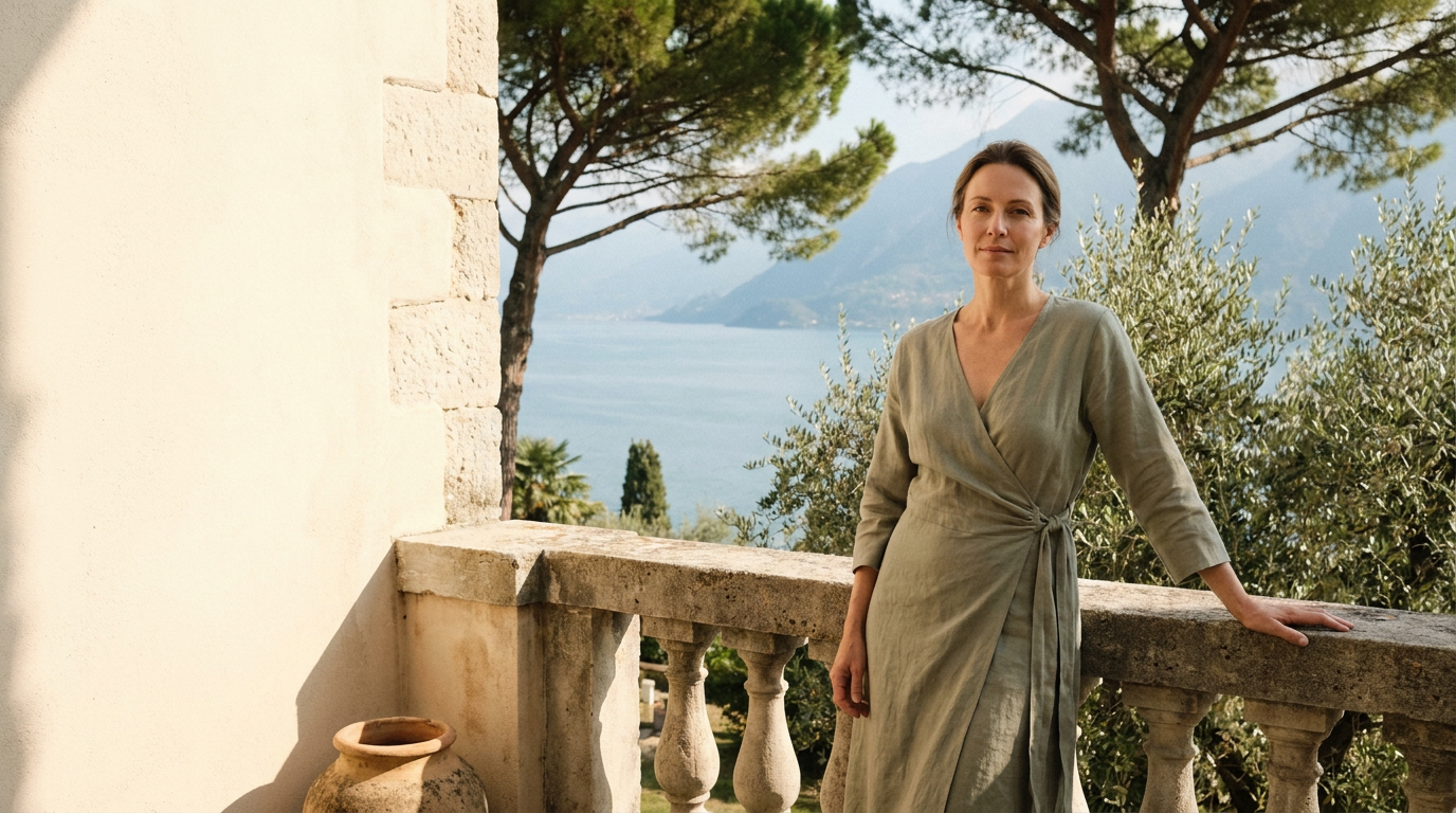 Woman in a sage linen wrap dress on a stone balcony overlooking an Italian lake